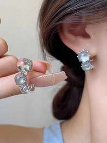 1 Pair Of Niche Minimalist Ice Transparent Bead Earrings Suitable For Women's Daily Commuting - Clear - View 1