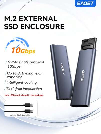EAGET M.2 NVMe SSD Enclosure USB3.2 Gen2 10Gbps Tool-Free Installation Aluminum Alloy Case Support 2230 2242 2260 2280 NVMe M Key M&B Key SSD Up To 8TB With C To C Cable For Laptop PC