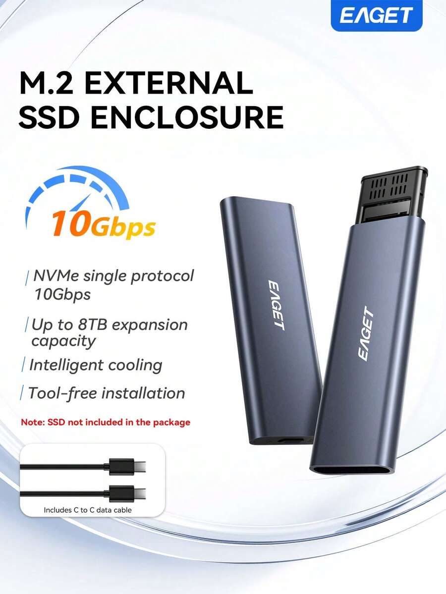 EAGET M.2 NVMe SSD 外接盒 USB3.2 Gen2 10Gbps 免工具安裝 鋁合金外殼 支援 2230 2242 2260 2280 NVMe M Key M&B Key SSD 最高 8TB 附 C to C 傳輸線 適用筆電 PC - 深藍色 - 查看 1