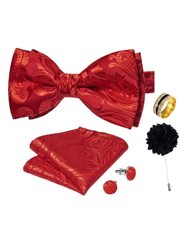 5Pcs Men Red Paisley Jacquard Bow Tie Pocket Square Detachable Cufflinks Ring Boutonniere Set,Cufflinks Random Pattern,Wedding Formal Suit Accessories