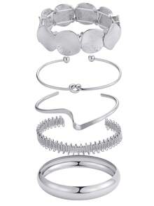 Set Gelang Logam Lebar dengan Desain Geometris Berlebihan Gaya Bohemian, Aksesori Perhiasan Fashion, Terbaik untuk Anak-Anak dan Remaja - MultiWarna - View 3