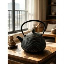1pc Handmade Textured Cast Iron Teapot, Japanese Style Textured Cast Iron Teapot, Suitable For Outdoor Tea Mats And Indoor Tea Rooms. - Black - View 7