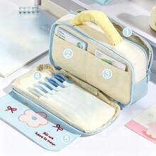1pc Embroidery Flower Bow Handheld Pencil Case, Polka Dot Splicing Large Capacity Multi-Layer Pen Bag With Handle, Sweet "All We Have Is Now" Letter Print Zipper Stationery Storage Pouch, Portable Student School Supplies Organizer, Back To School - Pencil Case - View 2