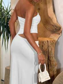 Women's Solid Color Pleated Hollow-Out Elegant Waist Midi Dress For Party - White - View 2