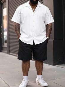 Conjunto de camisa y pantalones cortos de 2 piezas para hombre talla grande, manga corta, unicolor, lavable a máquina, talla grande - Blanco y Negro - Ver 7