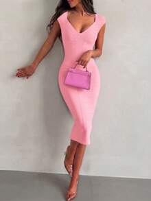 Pink Satin Midi Dress For Women, Sleeveless Fitted Elegant Sexy Ribbed Cocktail Party Dress, Spring/Summer Fashion - Pink - View 7