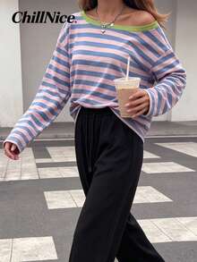 Women Fall Elegant Off‑Shoulder Long Sleeve Top, Color Block Stripe Loose Casual Blouse For Holiday Festival - Multicolor - View 7