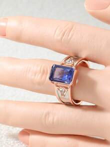 Gmzalx Cincin Fashion Mewah Wanita, Desain Persegi Panjang Biru Berkilau, Gaya Vintage Mewah, Cocok Untuk Perjalanan Sehari-hari dan Pesta - Dua warna - View 4