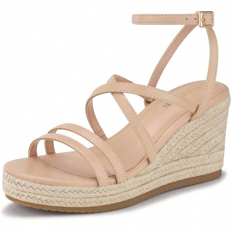 Espadrilles Wedge Sandals For Women: Slip On Elastic Ankle Strap Platform Sandals Dressy Comfortable Summer Wedges Heels Shoes - 11 + 0115-nude - View 1