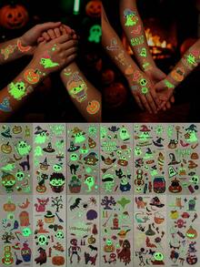 12pcs Halloween Glow-In-The-Dark Temporary Tattoo Stickers, Cute Cartoon & Scary Designs, Waterproof Face And Body Decals For Halloween Family Party, Cosplay, Face And Body Decoration - Multicolor - View 13