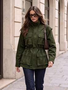 Women Fall Faux Suede Field Jacket, Stand Collar Drawstring Waist Multi‑Pocket Long Sleeve Utility Outerwear Coat - Army Green - View 4