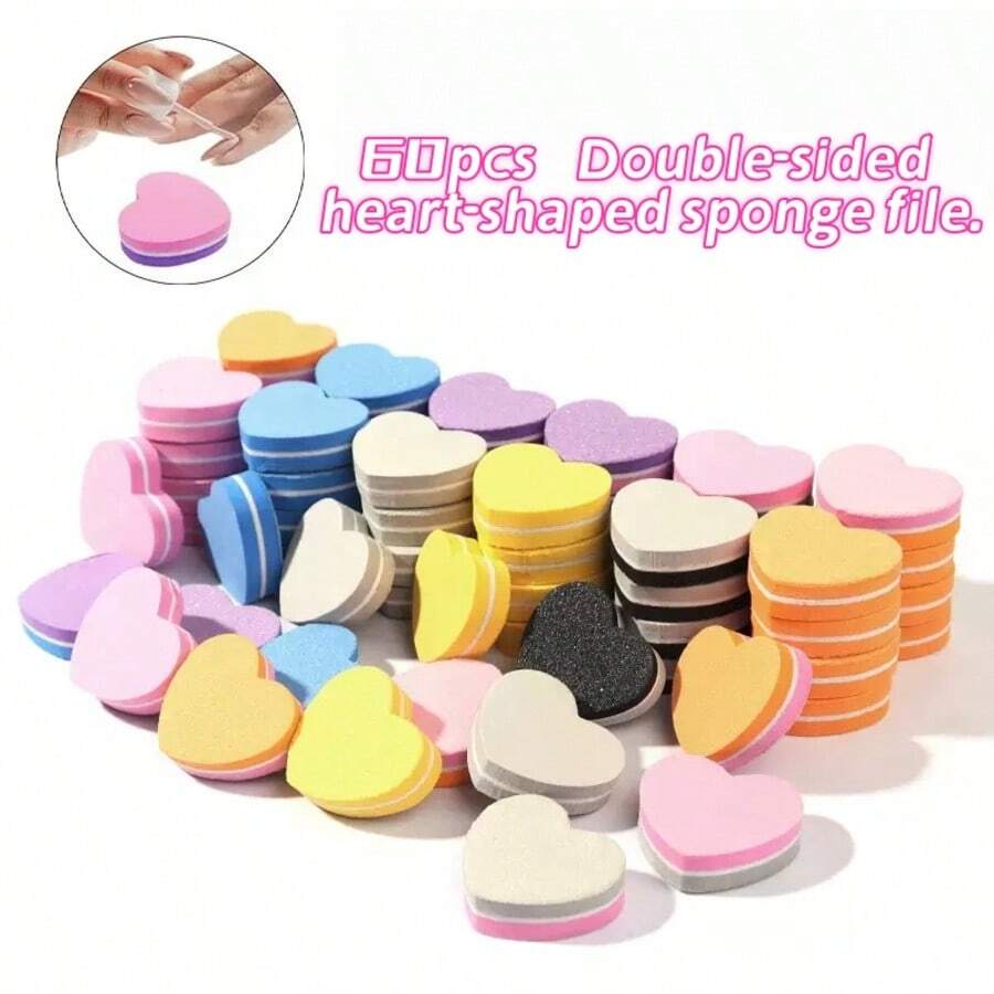 10-60pcs Mini Heart-Shaped Double-Sided Nail Files, Portable Polishing Buffing Blocks, Foam Nail Care Tools - Heart-shaped - View 1