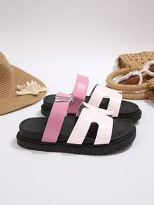 Girls' Bow Knot Slide Sandals With Adjustable Back Strap, Princess Style Hook And Loop Closure, Non-Slip Soft Sole Beach Shoes For Summer - Pink - View 3