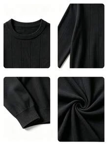 Tween Boys Vertical Ribbed Crew Neck Knit Sweater, Soft Long Sleeve Basic Pullover Jumper For Fall Winter School Daily Wear - Black - View 5