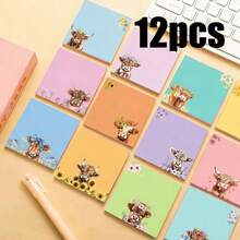12/9/6/3/1pc Multicolor Macaron Highland Cow Cartoon Sticky Note Gift Set, 10+ Low Saturation Macaron Pastel Color Covers, Each Featuring Different Highland Cow Designs With Sunflower, Daisy, Floral, Bow, Heart And Other Fresh Floral Decorations, Soft And Healing Hand-Drawn Watercolor Style - A - View 14
