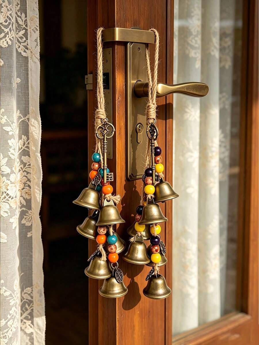 1/2 Stück Boho Vintage Messingglocken Windspiel mit bunten Perlen, handgefertigte Hängedekoration für Zuhause, Tür und Wand, Retro Seil Windspiel
