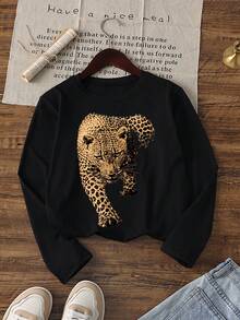 1pc Tween Girls American Vintage Realistic Money Leopard Long Sleeve T-Shirt Black Cool Street Style Unisex Loose Top Spring Autumn - Black - View 4