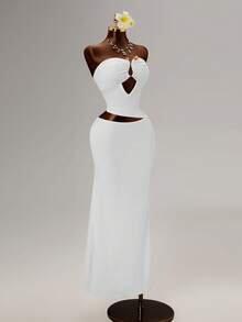 Women's Solid Color Pleated Hollow-Out Elegant Waist Midi Dress For Party - White - View 7