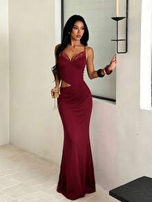 1pc Elegant Casual Sexy Party Knit Fabric Drawstring Dress For Wedding, Beach, Vacation, Back To School, Bachelorette Party, Spring/Summer - Burgundy - View 2