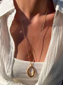 1pc 18K Gold Plated Stainless Steel Geometric Oval Pendant Necklace, Minimalist Vintage Style Luxury Necklace, Suitable For Daily Wear - Gold - View 2