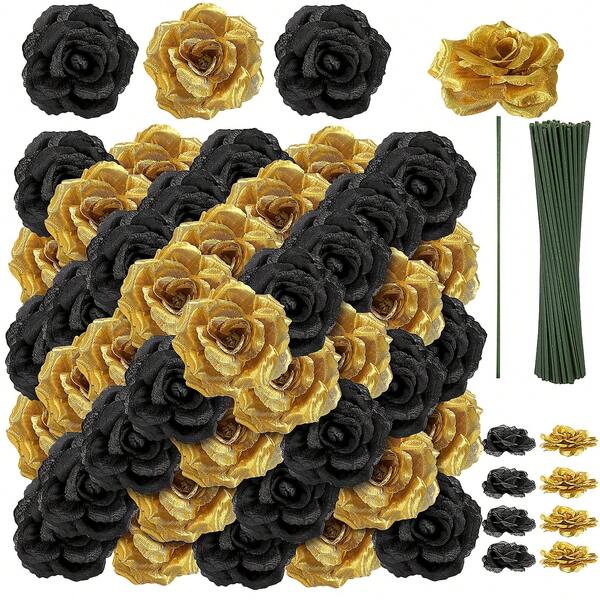 40pcs Black & Gold Artificial Rose Flower Heads With Stems, Bulk Faux Silk Roses For Gothic Wedding, Halloween Party, Home Decor & DIY Floral Arrangements, Halloween, Bridal Bouquet & Home Vase Decor