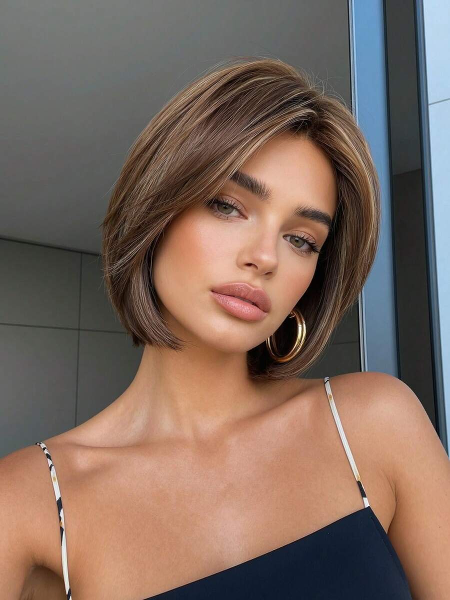 8 Inch Women's Short Bob Wig, Synthetic Hair, Natural Brown Layered Bob Style, Side Part Straight Short Hair Wig, Suitable For Daily Wear And Party, Halloween - Multicolor - View 1