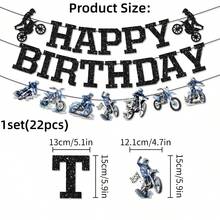 1 Set (22pcs) Happy Birthday Banner With Black Glitter Letters, Dirt Bike, Flag, Motorcycle Racing Theme Party Wall Hanging Garland, Suitable For Racing Theme Birthday Party Background Decoration - A - View 2