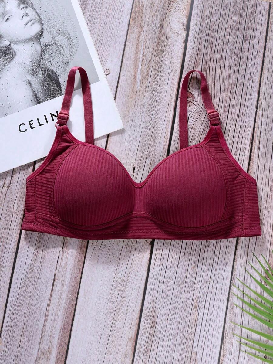 Girl's Solid Color Ribbed Adjustable Strap Bra, Comfortable And Seamless Push-Up Bra,Bras Suitable For Girls During Puberty. - Red - View 1