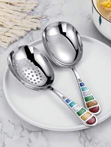 1pc 304 Stainless Steel Oval Serving Spoon, Large Long Handle Soup Ladle, Colander Spoon, Kitchen Portioning Spoon - View 1