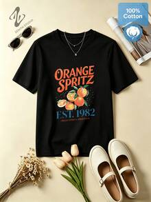 ORANGE SPRITZ Retro Casual Cotton Citrus Fruit Graphic T-Shirt For Summer Weekend Leisure - 黑色 - 查看 1