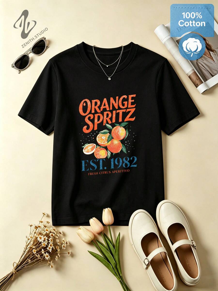 ORANGE SPRITZ Retro Casual Cotton Citrus Fruit Graphic T-Shirt For Summer Weekend Leisure - 黑色 - 查看 1