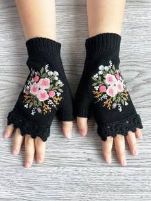 1 双复古风女士手工钩织花卉刺绣露指手套，适合秋冬季节、万圣节、旅行、节日等场合 - 黑色 - 查看 5