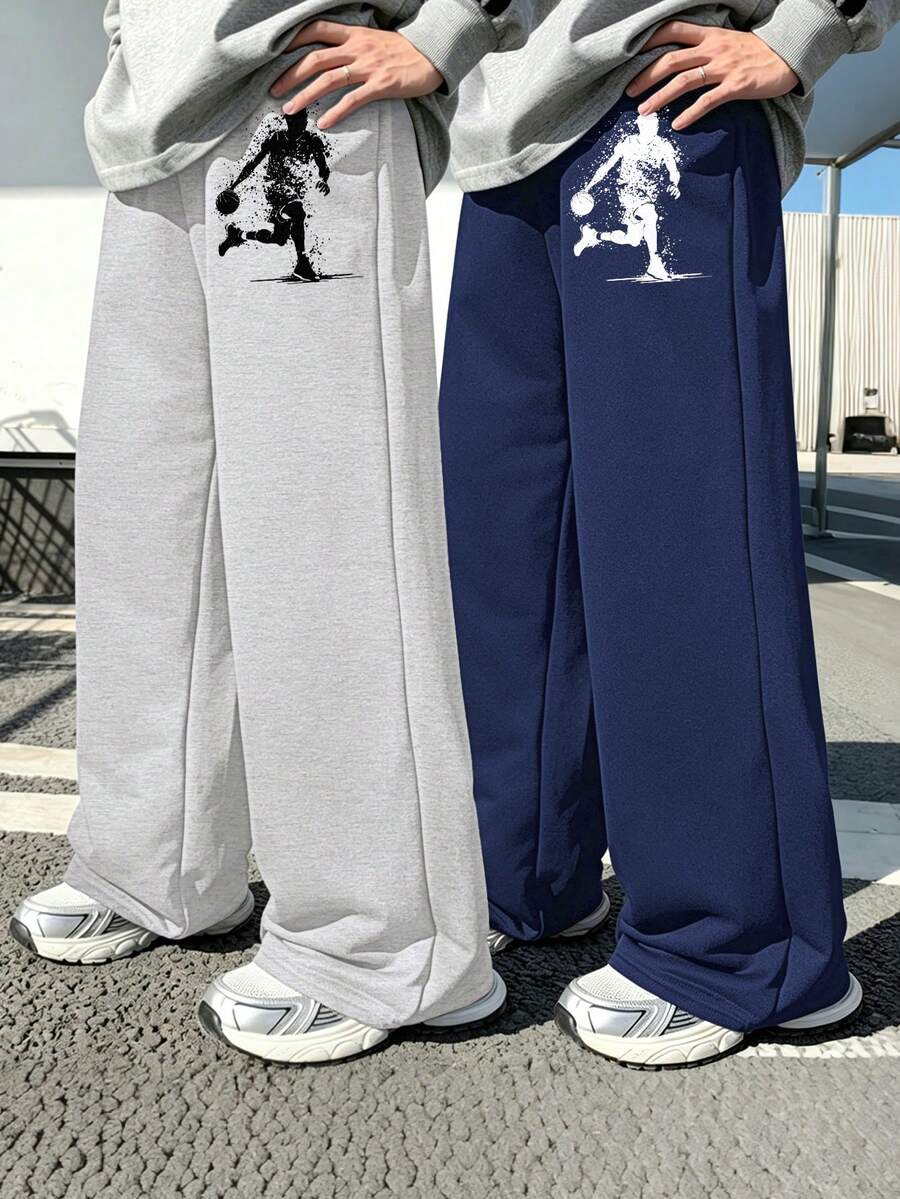 2件組男孩籃球圖案寬鬆運動長褲,柔軟舒適四季穿著兒童長褲 - 彩色 - 查看 1