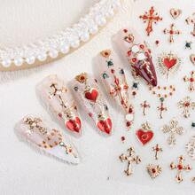 Vintage Baroque Metallic Cross Sacred Heart Nail Stickers, Embossed 3D Self-Adhesive Nail Decals With Shiny Gold Outline & Vivid Red Heart Cross Motifs, Perfect For Luxury Gothic Retro Manicure, Professional Salon Beginner DIY Nail Supplies - Multicolor - View 4