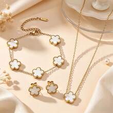 1 Set Elegant Fashion Stainless Steel Gold-Plated Lucky Five-Leaf Clover Bracelet Necklace Earrings, Suitable For Party, Wedding Occasions - Multicolor - View 5
