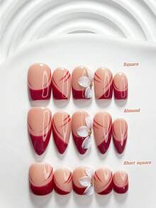 10 piezas de uñas postizas de estilo vintage hechas a mano, set de arte de uñas de polygel, flores pintadas a mano en blanco con líneas rojo oscuro, esmalte de uñas rojo, estilo minimalista, incluye herramientas para uñas, 3 tamaños disponibles, forma cuadrada/cuadrada corta/almendra, adecuado para fiestas, baile, uso diario - Multicolor - Ver 1