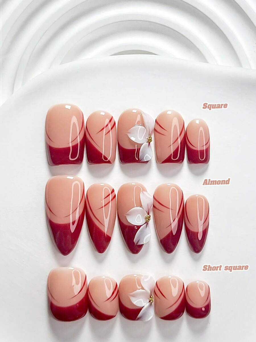 10 piezas de uñas postizas de estilo vintage hechas a mano, set de arte de uñas de polygel, flores pintadas a mano en blanco con líneas rojo oscuro, esmalte de uñas rojo, estilo minimalista, incluye herramientas para uñas, 3 tamaños disponibles, forma cuadrada/cuadrada corta/almendra, adecuado para fiestas, baile, uso diario - Multicolor - Ver 1