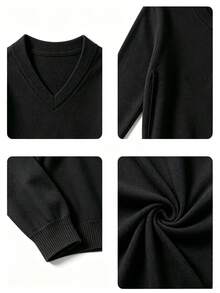 Tween Boys Solid V-Neck Knit Sweater, Long Sleeve Basic Casual Fall Pullover, Preppy School Layer Tops - Black - View 5