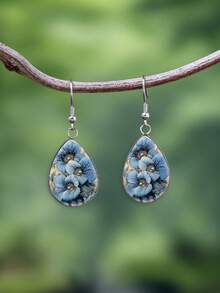 1 Pair Elegant Blue Pearl Floral Pattern With 316 Stainless Steel Water Drop Ear Hooks, Suitable For Women's Daily Wear - Blue - View 2