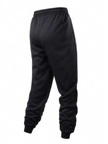Men's Solid Color Lined Joggers, Elastic Drawstring Waist, Side Pockets, Warm Ankle Sports Pants, Casual Winter Pants - Black - View 3