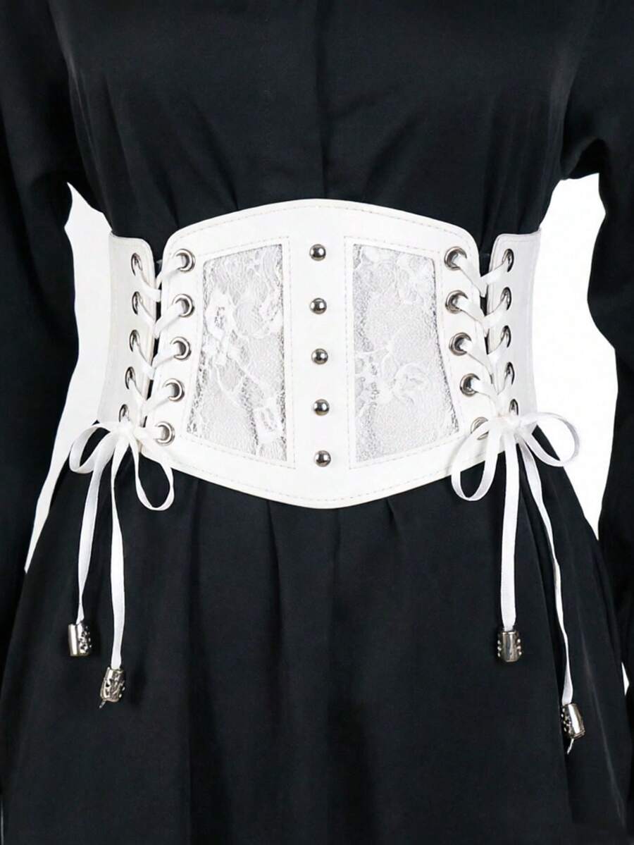 1pc Women's White Wide Elastic Waistband Corset Belt Lace Mesh Sexy Waist Cincher Accessory Suitable For Halloween Party Or Daily Wear - White - View 1