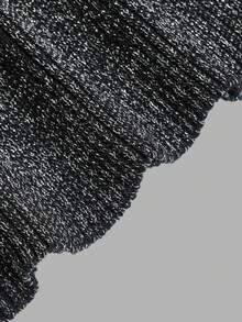 Silver Black Ribbed Long Knit Base Layer Top, Round Neck, Side Tie-Up Slit, Ruffle Long Sleeve, Slim Fit, Flattering, Inner Layer For Trench Coat/Bla - Black - View 4