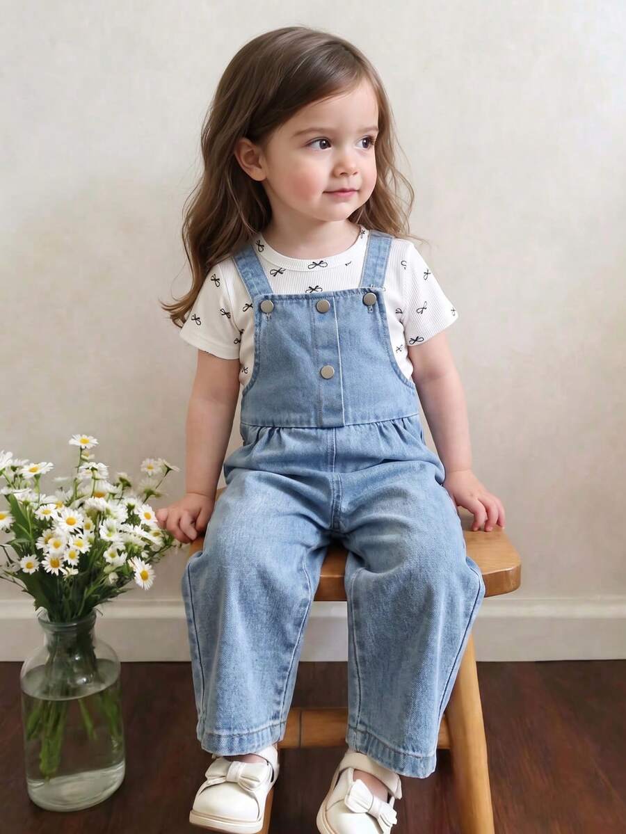 2pcs/Set Baby Girl Denim Outfit, Bowknot All-Over Print Striped T-Shirt With Soft Cute Washed Blue Straight Leg Overalls, Casual Wear, Adorable, Energetic, Versatile And Comfortable - Multicolor - View 1