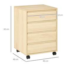 HOMCOM Cajonera de Oficina con 4 Cajones Cajonera de Escritorio con Ruedas Archivador Móvil para Estudio 46x40x65 cm Natural - Madera Natural - Ver 4