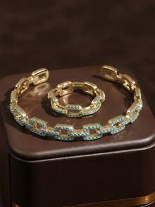 rakol 2pcs Elegant Cubic Zirconia Decorated Chain Bracelet And Ring Set - Silver - View 15