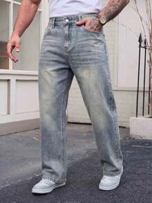 1pc Men's Loose Wide Leg Denim Jeans, Fashion Suitable For Daily Wear - Baby Blue - View 1