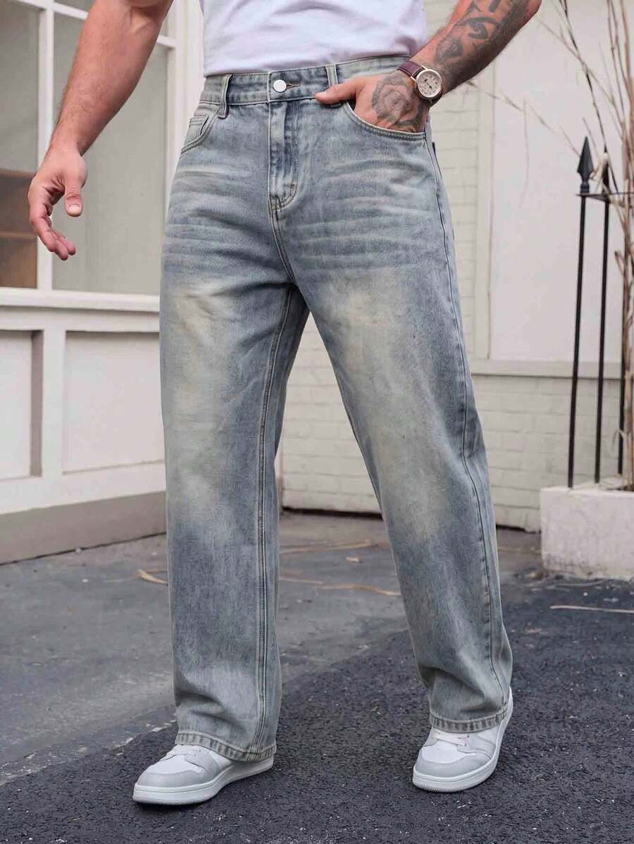1pc Men's Loose Wide Leg Denim Jeans, Fashion Suitable For Daily Wear - Baby Blue - View 1