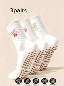1/3/6 Pairs Women's Black & White Cherry Tennis Racket Pattern Pilates Silicone Non-Slip Sports Yoga Socks, Suitable For Indoor Professional Fitness, Dance Training - Multicolor - View 8