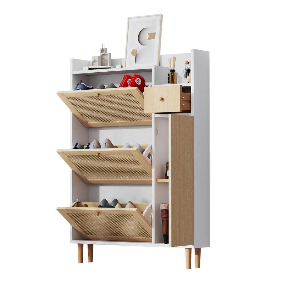 Estantería para zapatos de mimbre - Ideal para espacios reducidos - 3 puertas abatibles y 1 cajón - - Natural y blanco - Ver 1