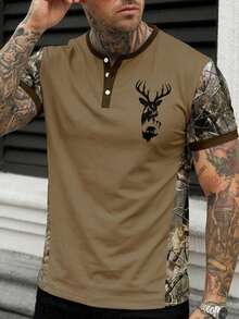 Men's Summer Fashion Versatile Deer Head Camouflage Patchwork Print Button Short Sleeve T-Shirt - Multicolor - View 1